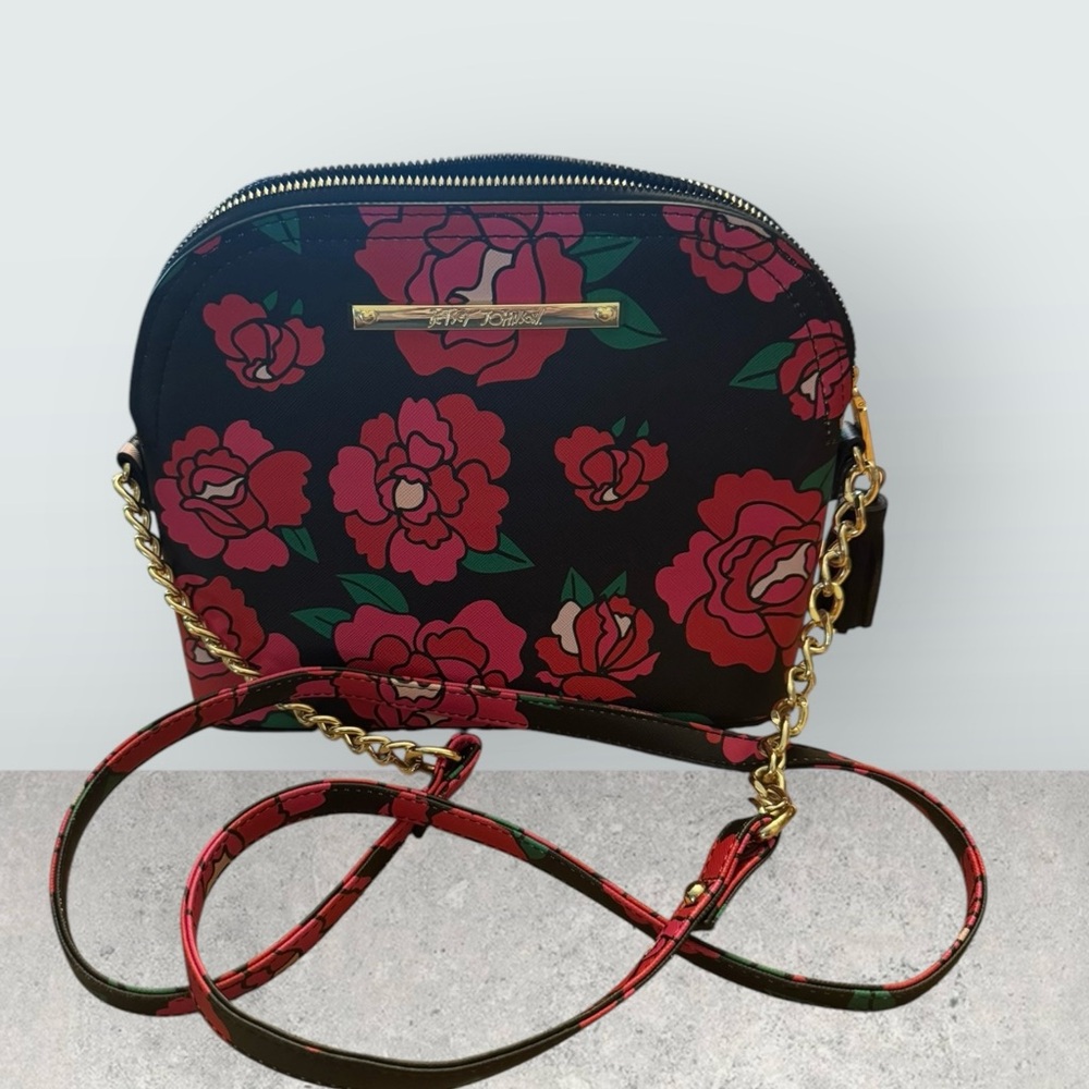 Betsy‎ Johnson black/floral bag, crossbody, zip top, tassel zipper.